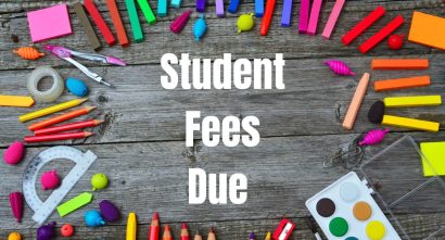 student fees due with supplies surrounding the text