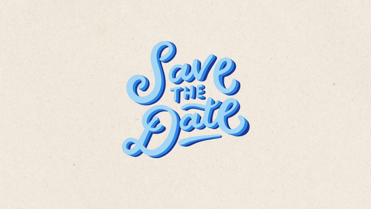 the text "save the date" in blue font on a beige background