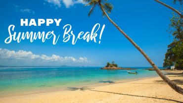 image of a sandy beach with one palm tree and the text "happy summer break" in white on the blue sky