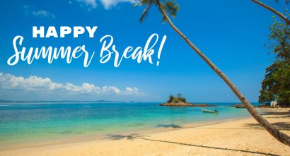 image of a sandy beach with one palm tree and the text "happy summer break" in white on the blue sky