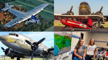 4 photo collage, 3 planes and 1 photo of a parent and a learner laughing