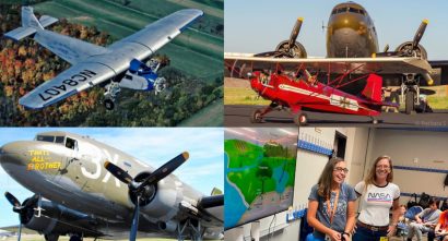 4 photo collage, 3 planes and 1 photo of a parent and a learner laughing
