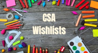 "CSA Wishlists" text with colorful art supplies surrounding the text