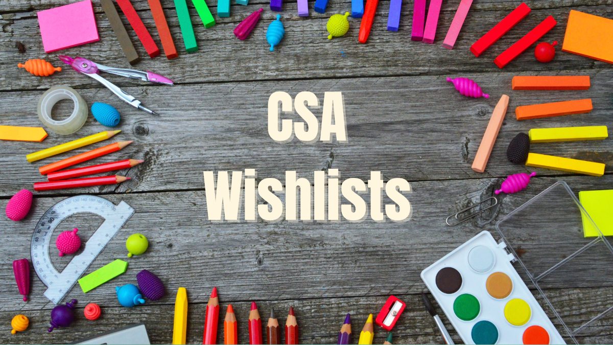 "CSA Wishlists" text with colorful art supplies surrounding the text