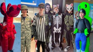 4 image collage of CSA learners dressed up in various halloween costumes 