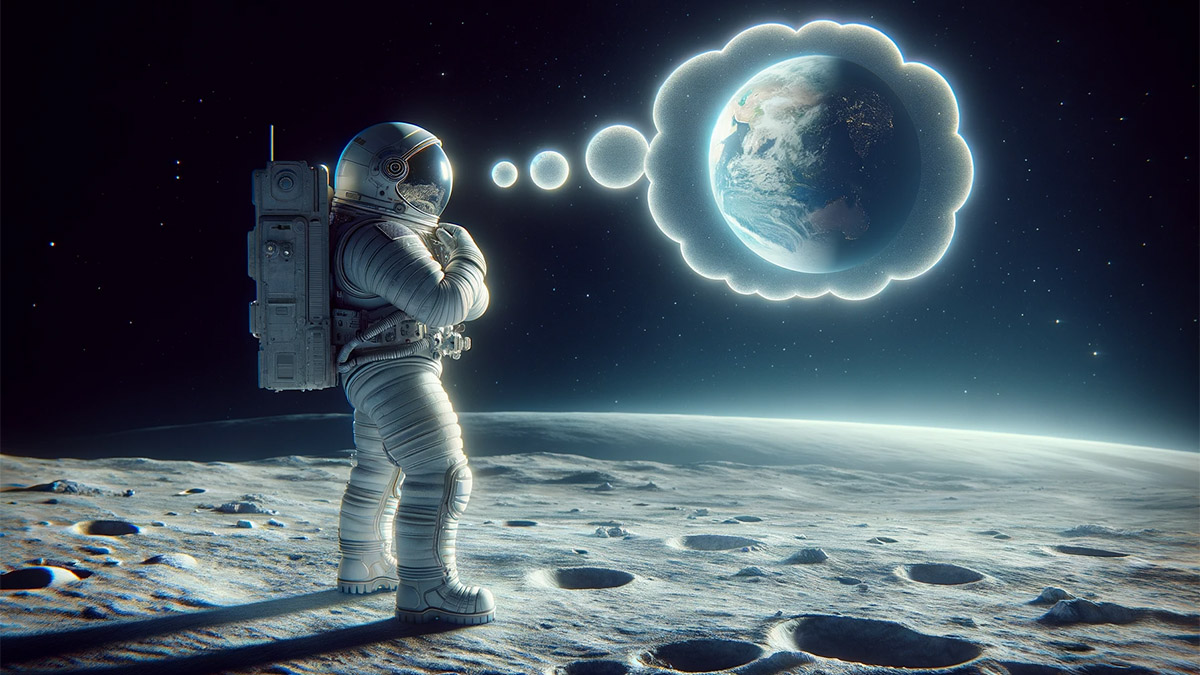 Astronaut standing on the moon with an earth-filled thought bubble.