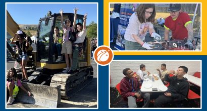 3 images of CSA learner. Left image of 4 learners on a forklift, top right of learned welding, and bottom right of 2 learners eating pizza