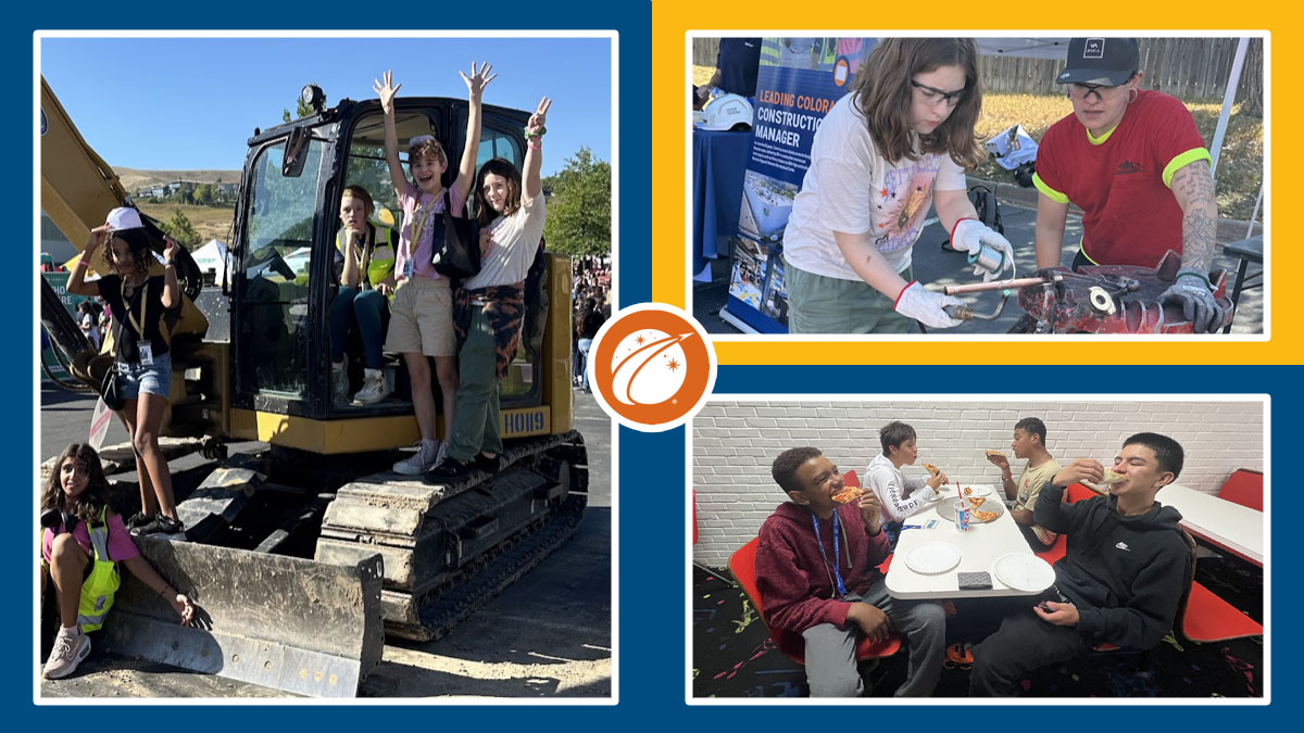 3 images of CSA learner. Left image of 4 learners on a forklift, top right of learned welding, and bottom right of 2 learners eating pizza